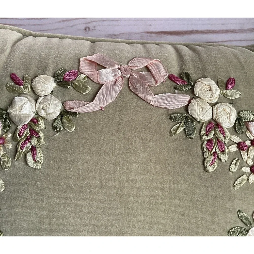 Vintage Velvet Olive Green Ribbon Embroidered Floral Decorative Pillow 12x12
